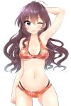  1girl :3 ;3 arm_behind_head arm_up armpits bikini black_hair blue_eyes breasts cleavage earrings floral_print groin hand_on_own_thigh ichinose_shiki idolmaster idolmaster_cinderella_girls jewelry layered_bikini long_hair medium_breasts mio_(mgr300) navel one_eye_closed red_bikini smile solo swimsuit under_boob white_background 