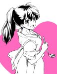  1girl :d alternate_hairstyle black_hair blush heart high_ponytail higurashi_kagome holding inuyasha japanese_clothes ladle long_hair miko monochrome motobi_(mtb_umk) open_mouth pink_background ponytail smile solo spot_color 