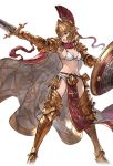  1girl alpha_transparency armor bikini_top boots djeeta_(granblue_fantasy) gauntlets granblue_fantasy helmet holding holding_sword holding_weapon minaba_hideo official_art open_mouth pelvic_curtain pointing shield simple_background solo sparta_(granblue_fantasy) sword thigh-highs thigh_boots transparent_background weapon wide_stance 