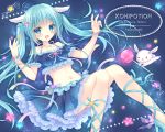  1girl :3 :d abs animal_ears aqua_hair aqua_ribbon bandeau bangs bead_bracelet beads blue_eyes blue_skirt blush bracelet breasts candy eyebrows_visible_through_hair food frilled_skirt frills halter_top halterneck hands_up high_heels jewelry knees_together_feet_apart kohinata_hoshimi leg_ribbon lollipop long_hair looking_at_viewer medium_breasts midriff navel open_mouth original rabbit_ears ribbon skirt smile solo star starry_background starry_sky_print twintails v 