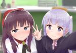  2girls black_hair blue_eyes blurry blush bow commentary_request depth_of_field grey_eyes hair_bow hair_ribbon lavender_hair long_hair looking_at_viewer multiple_girls new_game! racchi. ribbon self_shot smile suzukaze_aoba takimoto_hifumi twintails wavy_mouth 