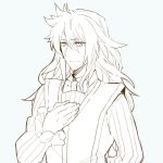  1boy banira_(ri0115ka) caster_(fate/extra_ccc) caster_(fate/extra_ccc)_(cosplay) cosplay fate/apocrypha fate/extra fate/extra_ccc fate/grand_order fate_(series) formal looking_at_viewer male_focus monochrome saber_of_black smile solo suit 