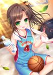  1girl :d bag bangs basketball basketball_uniform blush bottle brown_hair duffel_bag eyebrows_visible_through_hair green_eyes hair_ornament hair_ribbon highres holding holding_bottle jersey leaf light_rays long_hair looking_at_viewer moe2017 open_mouth original purple_ribbon ribbon shitou shorts side_ponytail sitting smile solo sportswear sunlight towel towel_around_neck water_bottle x_hair_ornament 