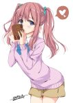  1girl 2017 :o arched_back bangs blue_eyes blush box brown_hair brown_shorts cowboy_shot dated eyebrows_visible_through_hair gift gift_box hair_ornament hair_scrunchie hands_up heart highres holding holding_gift leaning_forward long_hair looking_at_viewer open_mouth original purple_sweater scrunchie shorts sidelocks signature simple_background solo spoken_heart sweater thighs twintails twitter_username unasaka_ryou valentine white_background 