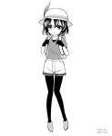  1girl 2017 backpack bag blush commentary_request dated expressionless eyebrows_visible_through_hair full_body gloves greyscale hair_between_eyes halftone hat hat_feather kaban kemono_friends looking_at_viewer monochrome pantyhose safari_hat shirt short_hair short_sleeves shorts signature simple_background slim_waist solo standing tareme thigh_gap white_background yamaguchi_yuu 
