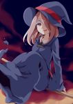  1girl akira_ry0 broom dress hair_over_one_eye hat highres little_witch_academia long_hair open_mouth pink_hair red_eyes sitting sitting_on_object smile solo sucy_manbavaran witch witch_hat 