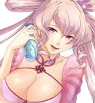  1girl aqua_nails arms_at_sides bangs bra breasts cleavage close-up collarbone cup dong_zhuo eyebrows_visible_through_hair flask front-tie_top genderswap genderswap_(mtf) hair_between_eyes hand_up holding holding_cup large_breasts light_brown_hair long_hair looking_at_viewer nail_polish open_mouth original pink_bra see-through smile solo teeth tenjou_tsuki tied_hair underwear upper_body violet_eyes 