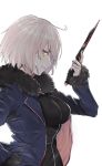  1girl ahoge bangs black_coat black_dress breasts coat dress fate/grand_order fate_(series) fur_trim hand_in_pocket hand_up highres holding holding_knife holding_weapon jacket jeanne_alter knife large_breasts long_sleeves looking_at_viewer nesume open_clothes open_coat open_jacket ruler_(fate/apocrypha) short_dress short_hair silver_hair solo standing upper_body weapon yellow_eyes 