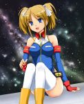  1girl blonde_hair blue_eyes breasts fingerless_gloves gloves gundam gundam_card_builder highleg highleg_leotard hips large_breasts leotard looking_at_viewer macfist open_mouth red_eyes reiko_holinger short_hair short_twintails simple_background solo thick_thighs thigh-highs thighs twintails white_legwear 