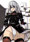 1girl ashiomi_masato ass_visible_through_thighs blindfold breasts hairband leotard nier_(series) nier_automata short_hair signature solo thigh-highs thighs white_hair white_leotard yorha_no._2_type_b