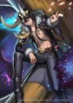  1boy abs absurdres belt black_hair boots coat evil_smile fur_trim hair_between_eyes helmet highres horned_helmet jacket jewelry kim_jin_sung loki_(mythology) looking_at_viewer male_focus necklace norse_mythology open_clothes open_jacket original pants parted_lips petals red_eyes ring shirtless sitting smile solo tree 