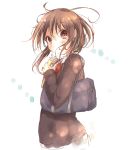  1girl bag blush book book_hug brown_eyes brown_hair eyebrows_visible_through_hair from_side holding holding_book kuma_(happylocation) long_sleeves looking_at_viewer looking_to_the_side original school_bag school_uniform shoulder_bag simple_background sleeves_past_wrists solo white_background 