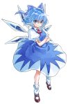  &gt;:) 1girl aqua_eyes blue blue_bow blue_dress blue_eyes blue_hair bow brown_shoes cirno commentary_request crossed_arms dress frilled_legwear full_body hair_bow ice ice_wings looking_at_viewer manarou mary_janes neck_ribbon puffy_short_sleeves puffy_sleeves red_ribbon ribbon shoes short_hair short_sleeves simple_background socks solo touhou white_background white_legwear wings 