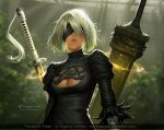  1girl 2017 absurdres artist_name artstation_username bangs black_dress black_gloves black_hairband black_legwear blindfold breasts bush chains covered_eyes dated day dress elbow_gloves facebook_username feather-trimmed_sleeves feather_trim gloves greatsword hair_over_one_eye hairband highres huge_weapon indoors juliet_sleeves katana light_rays lips long_sleeves looking_at_viewer medium_breasts mole mole_under_mouth nier_(series) nier_automata nose nutthapon_petchthai parted_lips pink_lips puffy_sleeves ribbed_dress short_dress short_hair signature silver_hair solo standing sunbeam sunlight sword tassel tree upper_body vambraces watermark weapon web_address white_gloves yorha_no._2_type_b 