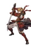  1boy alpha_transparency armor brown_eyes brown_hair fighting_stance full_body gran_(granblue_fantasy) granblue_fantasy japanese_armor kote kusazuri looking_at_viewer male_focus minaba_hideo official_art samurai_(granblue_fantasy) scabbard sheath short_hair sode solo suneate sword transparent_background weapon 