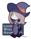  1girl bangs belt blue_ribbon chibi collar collared_shirt copyright_name dress english expressionless eyebrows eyebrows_visible_through_hair full_body hair_over_one_eye hat kurono lavender_hair little_witch_academia long_hair long_sleeves looking_at_viewer neck_ribbon outline pale_skin red_eyes ribbon school_uniform shirt sleeves_past_wrists solo standing sucy_manbavaran swept_bangs twitter_username white_background wide_sleeves witch_hat 