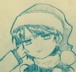  &gt;:3 1girl :3 annoyed bangs cheek_pinching doremy_sweet efukei eyebrows_visible_through_hair face hat highres long_sleeves looking_at_viewer monochrome pinching pom_pom_(clothes) portrait short_hair solo_focus touhou traditional_media 