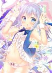  1girl :o animal_ears blue_bow blue_bowtie blue_eyes blue_hair blush bow bowtie bunny_hair_ornament buttons center_frills chestnut_mouth cowboy_shot fake_animal_ears flower gochuumon_wa_usagi_desu_ka? groin hair_ornament hairband kafuu_chino lace lace-trimmed_panties long_hair looking_at_viewer mitsumomo_mamu navel panties pink_panties rabbit_ears solo sparkle star thigh-highs underwear very_long_hair vest white_legwear wrist_cuffs 