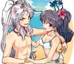  1boy 1girl alternate_hairstyle animal_ears beach bikini black_hair blue_eyes flower food fruit hair_flower hair_ornament hibiscus high_ponytail higurashi_kagome inuyasha inuyasha_(character) jewelry long_hair looking_at_viewer motobi_(mtb_umk) necklace ocean palm_tree pearl_necklace pineapple ponytail silver_hair swimsuit topless tree very_long_hair white_bikini 