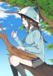  1girl bangs blue_hat blue_shirt brown_eyes brown_hair day dress_shirt from_side girls_und_panzer grey_legwear grey_skirt hat in_tree instrument kantele long_hair long_sleeves looking_at_viewer mika_(girls_und_panzer) miniskirt music nesume open_mouth outdoors playing_instrument pleated_skirt school_uniform shirt sitting sitting_in_tree skirt smile socks solo striped striped_shirt tree vertical-striped_shirt vertical_stripes white_shirt 