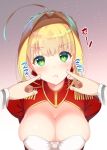  ! 1girl ahoge asahina_hikage blonde_hair blush braid breasts cleavage epaulettes fate/extra fate_(series) gradient gradient_background green_eyes hair_intakes large_breasts looking_at_viewer one_eye_closed poking pout saber_extra skindentation smile solo upper_body 