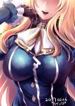  1girl 2017 artist_name atago_(kantai_collection) black_gloves blonde_hair breasts commentary_request dated gloves head_out_of_frame kantai_collection large_breasts long_hair military military_uniform open_mouth out_of_frame signature solo ugeppa uniform 