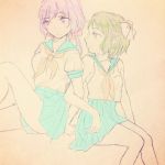  2girls blue_skirt blush bow green_eyes green_hair hair_bow hair_ornament hair_scrunchie half_updo kohinata_miku lavender_eyes lavender_hair locked_arms long_hair looking_at_another low-tied_long_hair multiple_girls necktie red_necktie sailor_collar school_uniform scrunchie senki_zesshou_symphogear short_sleeves skirt sleeveless twintails white_bow yukine_chris 