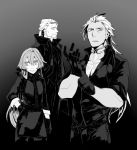  3boys beard facial_hair fate/apocrypha fate_(series) formal gloves lancer_of_black looking_at_viewer male_focus mine_(odasol) monochrome multiple_boys ponytail rider_of_black saber_of_black scar simple_background smile suit 