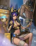  1boy 1girl abs absurdres anubis armlet bangs black_panties blunt_bangs bracelet breasts cup cupping_glass earrings egyptian egyptian_clothes egyptian_mythology gem gold headgear highres jewelry kim_jin_sung long_hair looking_at_viewer makeup mask medium_breasts midriff navel night nipples original panties pink_eyes purple_hair sitting skull smile sparkle staff throne underbust underwear 