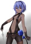  1girl absurdres assassin_(fate/prototype_fragments) bangs black_gloves blue_hair blush breasts center_opening closed_mouth cowboy_shot dark_skin eyebrows_visible_through_hair fate/prototype fate/prototype:_fragments_of_blue_and_silver fate_(series) fingerless_gloves gloves hair_between_eyes halterneck highres holding holding_knife holding_weapon knife knives_between_fingers looking_at_viewer moyoron navel short_hair_with_long_locks sidelocks small_breasts smile solo unitard violet_eyes weapon 