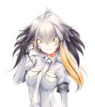  1girl bangs between_breasts black_hair eyebrows_visible_through_hair fingerless_gloves gloves grey_hair grey_shirt head_wings ina kemono_friends long_hair looking_at_viewer multicolored_hair necktie necktie_between_breasts orange_hair shirt shoebill_(kemono_friends) side_ponytail silver_hair solo upper_body white_background yellow_eyes 