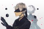  1boy 1girl android blindfold blood bloody_tears choker cube dress gloves gradient gradient_background highres jacket juliet_sleeves lips long_sleeves male_focus nier_(series) nier_automata pale_skin puffy_sleeves short_hair strap white_hair yorha_no._2_type_b yorha_no._9_type_s 