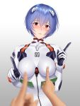  1girl ayanami_rei blue_hair blush bodysuit breast_press breasts deep_skin hair_between_eyes highres impossible_clothes koi_dance large_breasts lips neon_genesis_evangelion parted_lips pilot_suit plugsuit pov pov_hands red_eyes shimashima08123 short_hair upper_body white_bodysuit 