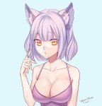  1girl animal_ears arms_at_sides artist_name bangs blue_background breasts camisole cat_ears cleavage closed_mouth collarbone dated expressionless eyebrows_visible_through_hair hair_tousle hand_up large_breasts looking_at_viewer original purple_hair signature simple_background solo tenjou_tsuki upper_body yellow_eyes 
