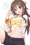  1girl bad_source bikini blush breasts brown_hair cleavage green_eyes hair_between_eyes hair_ornament hairclip himekawa_yuki idolmaster idolmaster_cinderella_girls large_breasts long_hair looking_at_viewer mio_(mgr300) navel open_mouth shorts simple_background smile solo striped striped_bikini sweatdrop swimsuit thought_bubble translation_request white_background wristband 