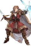  1boy alpha_transparency armor armored_boots belt boots brown_eyes brown_hair cape choker full_body glowing gran_(granblue_fantasy) granblue_fantasy looking_afar male_focus minaba_hideo official_art open_mouth outstretched_arm short_hair solo sword sword_master_(granblue_fantasy) transparent_background weapon wide_stance 