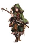  1boy alpha_transparency boots brown_eyes brown_hair cloak earrings feathers full_body gran_(granblue_fantasy) granblue_fantasy hermit_(granblue_fantasy) jewelry male_focus minaba_hideo official_art puffy_pants short_hair solo staff transparent_background walking 