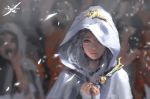  1girl blue_eyes cloak closed_mouth copyright_name crowd elf ghostblade hands_on_own_chest hood hood_up hooded_cloak light_smile lips long_hair original outdoors own_hands_together pink_lips pointy_ears silver_hair solo_focus tiara upper_body wlop 
