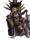  1boy alpha_transparency armor brown_hair cape chaos_ruler_(granblue_fantasy) chin_rest full_body gran_(granblue_fantasy) granblue_fantasy hood legs_crossed looking_at_viewer male_focus mask minaba_hideo official_art short_hair sitting solo sword throne transparent_background weapon wide-eyed 