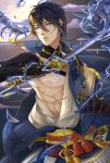  1boy armor blood chest cuts eyelashes fighting gloves hair_between_eyes hair_ornament holding holding_weapon injury japanese_clothes light_particles lightning looking_at_viewer male_focus mikazuki_munechika monster moon night night_sky short_hair sky solo sword touken_ranbu weapon 