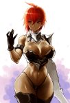  1girl armlet armor bangs bikini_armor black_gloves boots breasts cowboy_shot earrings gauntlets gloves highleg highres hiro1984 jewelry large_breasts looking_at_viewer navel original redhead short_hair smile solo standing tan thigh-highs thigh_boots wide_hips 