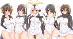  5girls :o ;d absurdres arm_up black_hair blush breasts collar commentary_request crotch drawstring emperor_penguin_(kemono_friends) expressionless eyebrows_visible_through_hair eyelashes gentoo_penguin_(kemono_friends) grey_hair hair_between_eyes hair_ornament hair_over_one_eye hand_in_pocket headphones highres hood hooded_jacket humboldt_penguin_(kemono_friends) jacket kemono_friends large_breasts leotard light_brown_eyes long_hair long_sleeves looking_at_viewer low_twintails medium_breasts multicolored_hair multiple_girls navel one_eye_closed open_mouth pikatchi pocket rockhopper_penguin_(kemono_friends) royal_penguin_(kemono_friends) short_hair sidelocks simple_background smile tareme thigh-highs tsurime twintails two-tone_hair white_hair white_leotard yellow_eyes zipper 