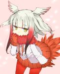  1girl adjusting_collar bangs bird_tail blunt_bangs blush_stickers buttons cowboy_shot crested_ibis_(kemono_friends) drawstring expressionless eyebrows eyebrows_visible_through_hair eyelashes feathers frilled_sleeves frills fur_collar gedou_(ge_ge_gedou) gloves gradient_hair head_wings jitome kemono_friends leaning_forward long_sleeves looking_at_viewer multicolored_hair pantyhose pink_background pleated_skirt red_gloves red_legwear red_skirt redhead sanpaku shirt short_hair short_hair_with_long_locks sidelocks skirt solo tail two-tone_hair white_hair white_shirt wings yellow_eyes 