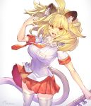  &gt;:d 1girl :d ahoge animal_ears arm_up artist_name bangs blonde_hair breasts cat_ears cat_tail checkered checkered_skirt cowboy_shot eyebrows_visible_through_hair fangs floating_hair grey_background hair_between_eyes holding kemono_friends large_breasts lion_(kemono_friends) lion_ears lion_tail looking_at_viewer nadare-san_(nadare3nwm) open_mouth pleated_skirt red_skirt school_uniform short_sleeves signature silver_legwear skirt skirt_lift smile solo tail teeth thigh-highs white_legwear wind wind_lift zettai_ryouiki 
