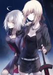  2girls ahoge belt blonde_hair dress fate/grand_order fate_(series) fur_trim highres jacket jeanne_alter jewelry multiple_girls necklace ruler_(fate/apocrypha) saber saber_alter shorts silver_hair sword tare_nu_(usesase) weapon yellow_eyes 
