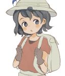  1girl :o backpack bag black_eyes black_gloves black_hair blush blush_stickers commentary_request eyebrows_visible_through_hair gloves hat hat_feather kaban kemono_friends looking_to_the_side nose_blush onigiri_(ginseitou) open_mouth red_shirt safari_hat shirt short_hair short_sleeves shorts simple_background sketch solo tareme upper_body white_background 