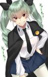  1girl :d anchovy bangs belt belt_buckle black_cape black_necktie black_ribbon blue_skirt breasts brown_eyes buckle cape collared_shirt cowboy_shot drill_hair eyebrows eyebrows_visible_through_hair girls_und_panzer green_hair grin hair_between_eyes hair_ribbon hand_on_hip highres legs_apart long_hair long_sleeves looking_at_viewer miniskirt necktie onineko-chan open_mouth pantyhose pleated_skirt ribbon riding_crop shirt simple_background skirt smile solo standing teeth twin_drills twintails white_background white_legwear white_shirt wing_collar 