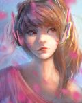  1girl asian bangs blue_background blue_sky blurry brown_eyes brown_hair casual cherry_blossoms chromatic_aberration d.va_(overwatch) depth_of_field facepaint facial_mark facing_viewer gradient gradient_background hand_on_headphones headphones lips long_hair looking_away outdoors overwatch parted_lips petals pink_lips pink_shirt portrait seiorai shirt side_glance sky solo swept_bangs v-neck watermark web_address whisker_markings 