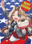 3girls abazu-red alisa_(girls_und_panzer) american_flag arms_up bangs birthday_cake black_necktie black_shoes blazer blonde_hair blouse blue_eyes blue_shoes bubble_blowing cake chewing_gum closed_eyes dated dress_shirt emblem english flag_background food foreshortening freckles from_above girls_und_panzer grey_jacket grey_legwear hair_intakes hair_ornament happy_birthday highres holding jacket kay_(girls_und_panzer) loafers long_hair long_sleeves looking_at_viewer looking_up miniskirt multiple_girls naomi_(girls_und_panzer) necktie one_eye_closed open_clothes open_jacket open_mouth pleated_skirt red_skirt school_uniform shirt shoes short_hair short_twintails skirt sleeves_rolled_up smile sneakers standing star star_hair_ornament thigh-highs twintails twitter_username very_short_hair white_blouse white_legwear 