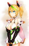  1girl bare_shoulders blonde_hair blue_eyes breasts dress elbow_gloves gene_(pso2) gloves green_hair halterneck large_breasts long_hair mathew_(srmmk_mce) multicolored_hair phantasy_star phantasy_star_online_2 solo twintails v_arms 